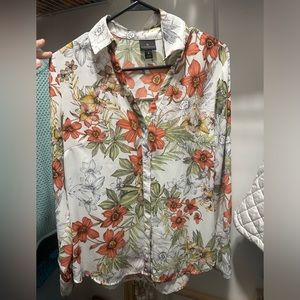 White/Orange/Green Floral Worthington Blouse Size Small, Long Sleeve